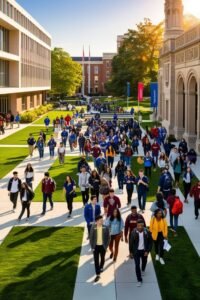 “International students studying together in a modern classroom”