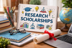 Focused student searching research scholarships online